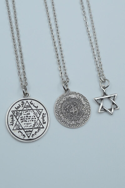 ıdr 3'lü Hz. Süleyman Mührü Davut Yıldızı Gümüş Kaplama Kolye Seti