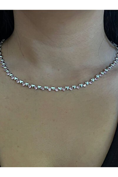 MODA Pembe Zirkon Taşlı Kalpli Choker Kolye