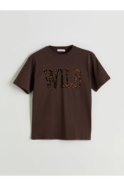 LC Waikiki Lcw Vision Brown Crew Neck Printed Oversize Women's T-Shirt