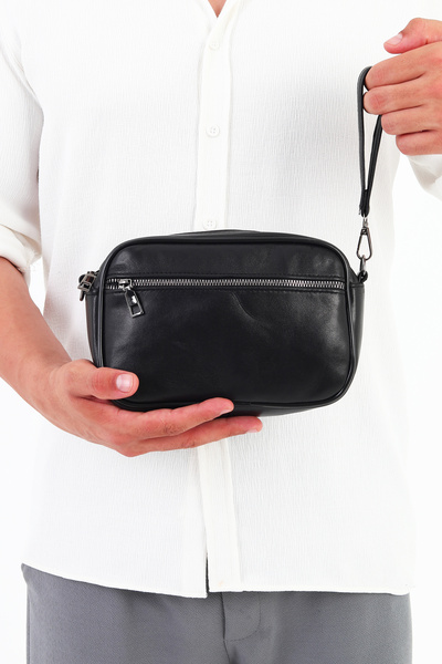 Erzeno Черна каишка за ръка от естествена кожа и отделима раменна каишка Мъжк...