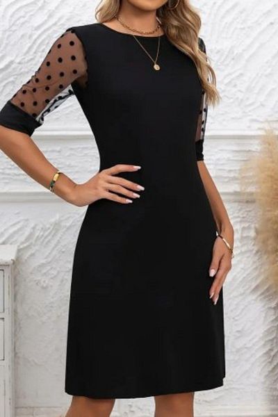 Mossta Polka Dot Tulle Sleeve Crepe Dress - Black