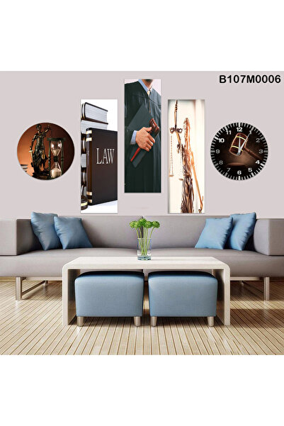 A2ZTR Avukat ve Hukuk Tablosu 5 Parçalı Dekoratif Duvar Tablo Saatli