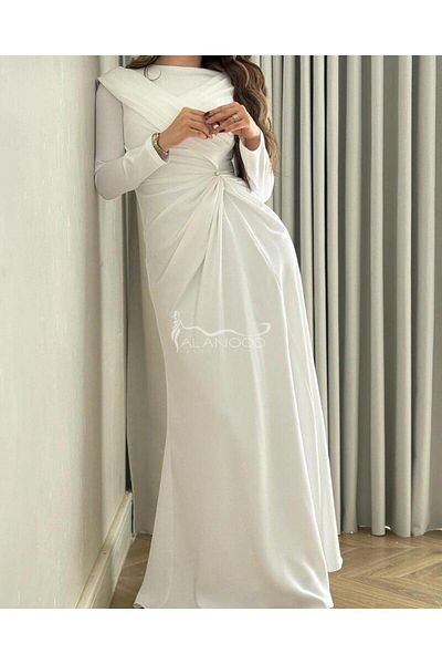 ALANOOD FASHION فستان بخامة من الكريب - فستان أبيض أنيق
