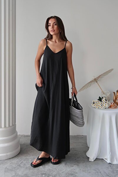Moda cameo Mohinto İp Askılı Modal Kumaş Elbise Siyah