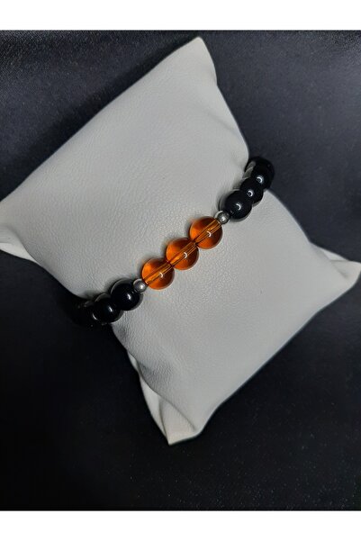 MRYart Natural Looking Black Hematite & Amber Beaded Handmade Bracelet - Unisex