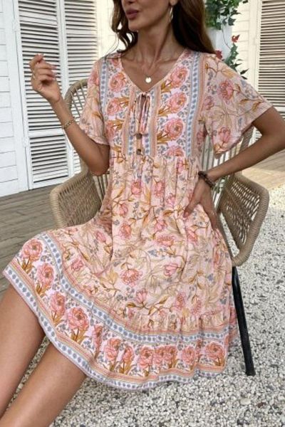 Mossta Patterned Single Jersey Dress with Buttoned Tie Detail - Pink