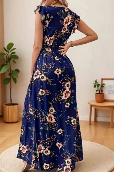 Mossta V-Neck Flounce Sleeves Floral Print Dress with Slit Detail - Navy Blue