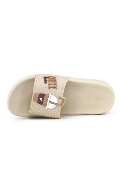 özgün adım Gezer Zenne Plain Face Coffee Printed Daily Slippers Cream