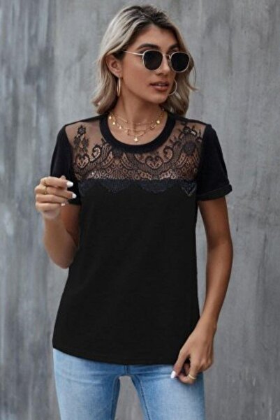 Mossta Short Sleeve Viscose Blouse with Lace Collar - Black