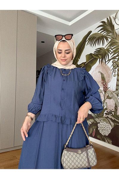 Aselim Hijap Moda Cotton Ruffle Detail Summer Skirt Suit – Navy Blue