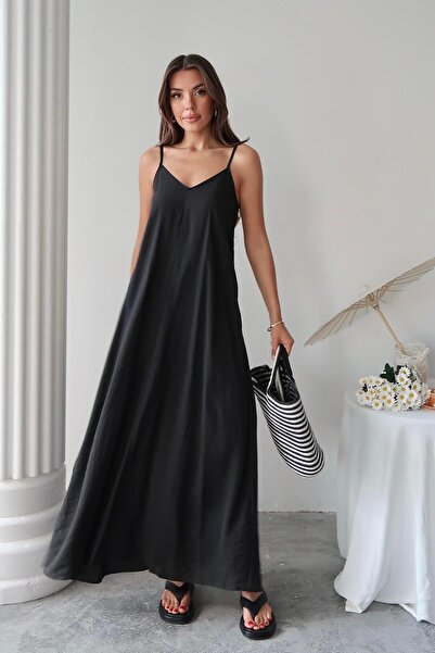 Moda cameo Mohinto İp Askılı Modal Kumaş Elbise Siyah