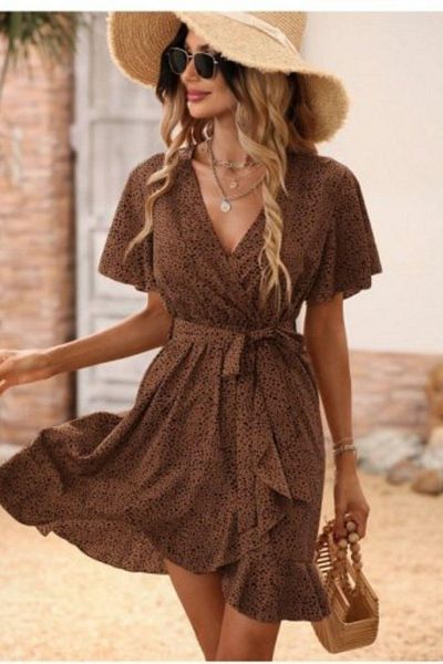 Mossta Double Breasted Collar Belted Mini Single Jersey Dress - Brown