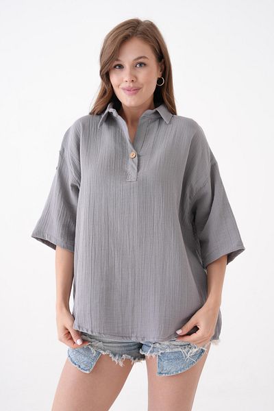 Butik 100% ΒΑΜΒΑΚΙ ΜΟΝΟ ΚΟΥΜΠΙ ΠΤΥΠΩΜΕΝΟ ΜΑΝΙΚΙ ΚΑΛΟΚΑΙΡΙΝΗ ΜΟΥΣΛΙΝΑ ΜΠΛΟΥΖΑ MG-202