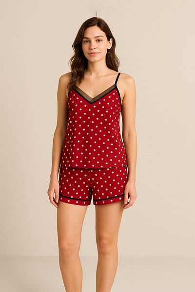 ELİTOL Women's Red Polka Dot Patterned Shorts Pajama Set – Summer Set with Straps