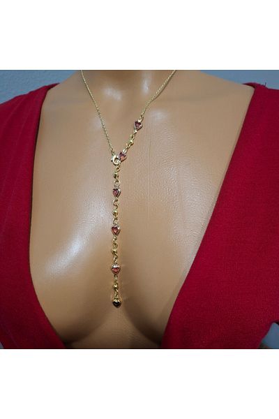 Tasarım Gold Color Pink Heart Y Necklace