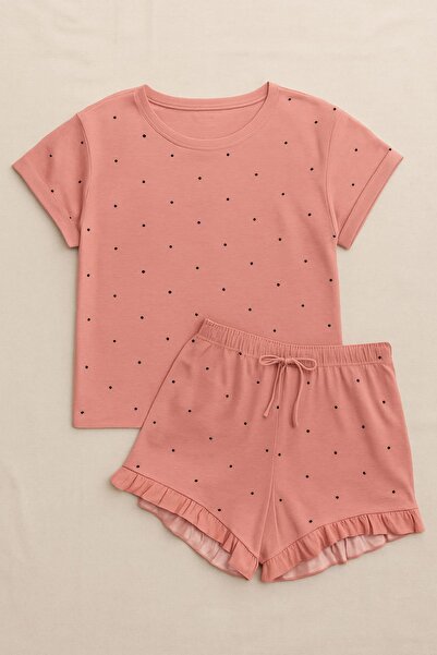 ELİTOL Women's Pink Polka Dot 100% Cotton Shorts Pajamas Set – Summer Home Wear with Ruffle Detail