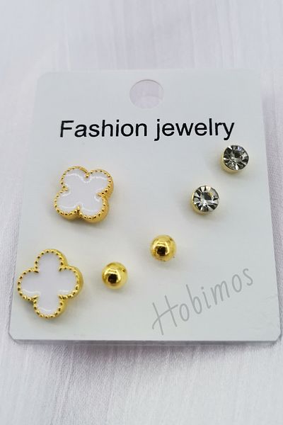 Hobimos 3 Pairs of Earrings Set - Clover Design Earrings, Stone Earrings, Ball Earrings, Cartilage Earrings