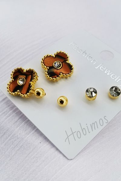 Hobimos 3 Pairs of Earrings Set - Clover Design Earrings, Stone Earrings, Ball Earrings, Cartilage Earrings