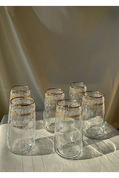Şahika Kristal cama atılan imza Set of 6 Koza Gold Soft Drink Glasses
