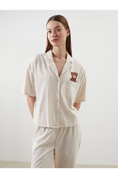 LC Waikiki Σετ γυναικείες πιτζάμες LCW Young Beige Bear Teddy με στάμπα