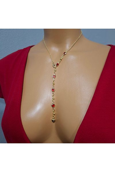 Tasarım Gold Color Red Heart Y Necklace