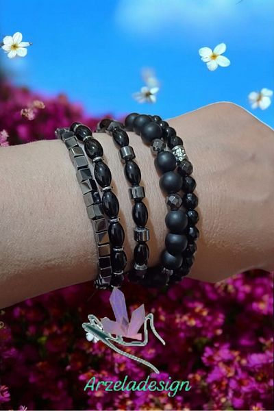 arzela Natural Stone Hematite and Bead Design Bracelet 5 Pieces
