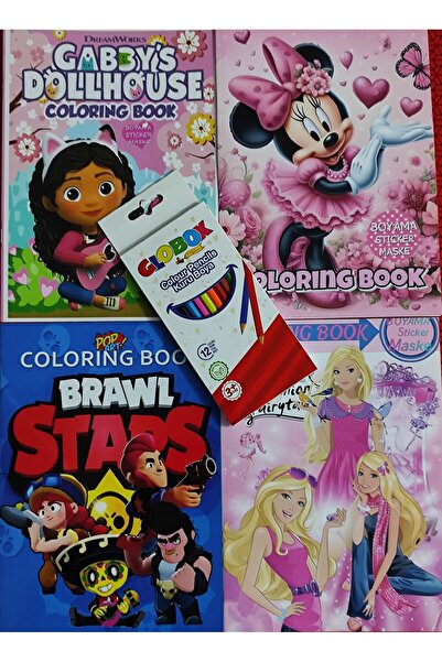 ada çanta kırtasiye 4 adet stickerli boyama kitabı 12 li kuru boya kalemi hediyeli (Minnie/gabbys/Brawlstars/Barbie)X26