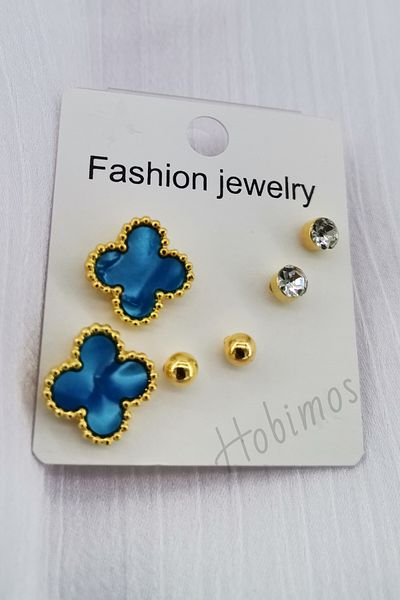 Hobimos 3 Pairs of Earrings Set - Clover Design Earrings, Stone Earrings, Ball Earrings, Cartilage Earrings