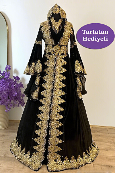 ZK ZÜMRÜT KAFTAN Kaftan Siyah Bindallı Kına Gecesi Bindallısı Abiye Gelin Elbisesi + Tarlatan Hediye