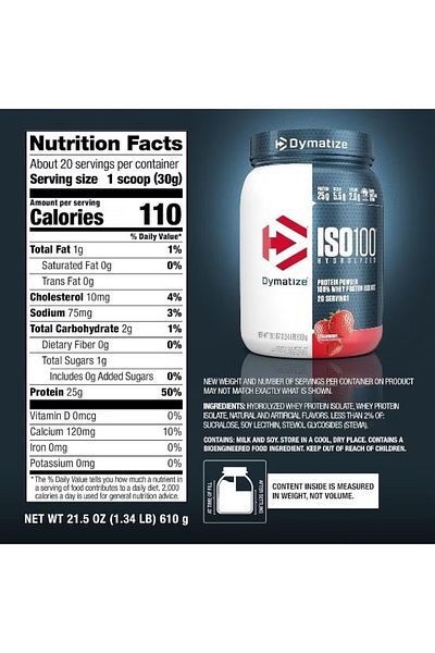 Dymatize Hydrolyzed Protein Powder - ISO 100 - 20 Servings - Strawberry - 610g