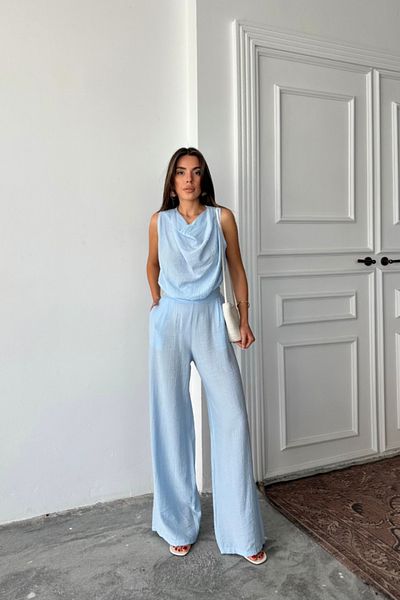 KAZAK Degaje Collar Sleeveless Bluz - Pants Suit - Blue