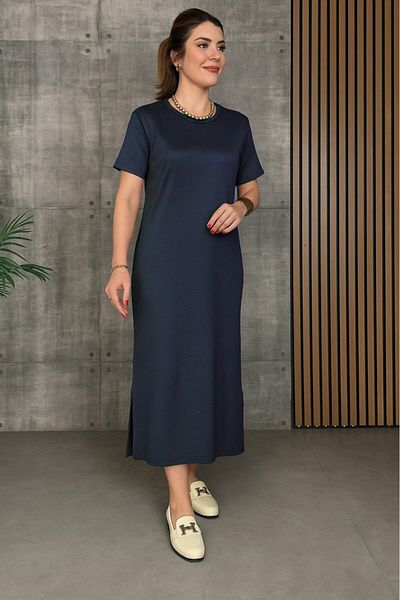 MRA Fashion Women's Short Sleeve Crew Neck Slit Viscose Two Thread Dress