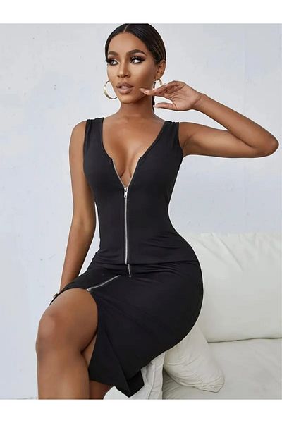 Kokosh moda Γυναικείο φόρεμα με λουράκι V λαιμόκοψη με φερμουάρ εμπρός εισαγόμενο κρεπ