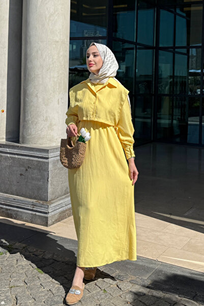 Tesettür Diyarı Kadın Tesettür Giyim Elbise Bolerolu-Sarı