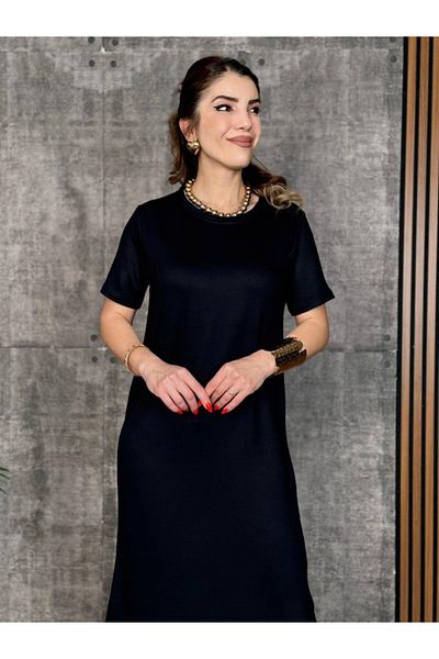 MRA Fashion Women's Short Sleeve Crew Neck Slit Viscose Two Thread Dress