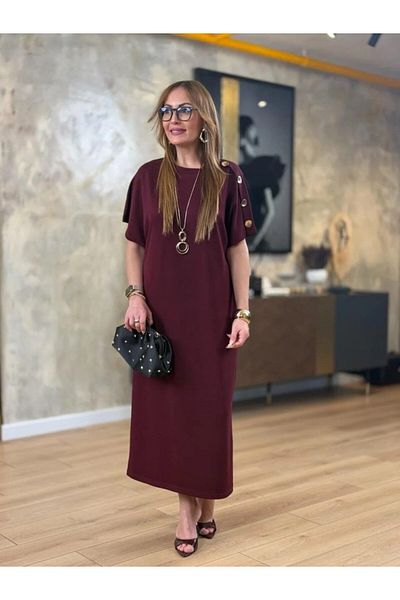 MRA Fashion Women's Short Sleeve Crew Neck Shoulder Button Long Viscose Two Thread Dress