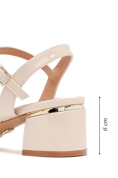 Derimod Women's Beige Ankle Buckle Thick Patent Leather Heeled Sandals 25Sfe466416