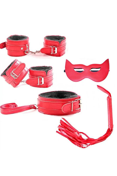 Bdsm Set El Ayak Kelepçesi Tasma Maske Ve Kırbaç 5 Parça Kırmızı Fetish Beginner Hakiki Deri