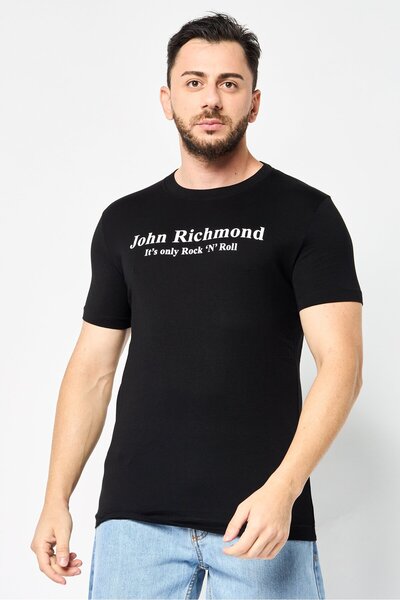 John Richmond تي شيرت رجالي برسومات جرافيكية بأكمام قصيرة ورقبة دائرية، أسود