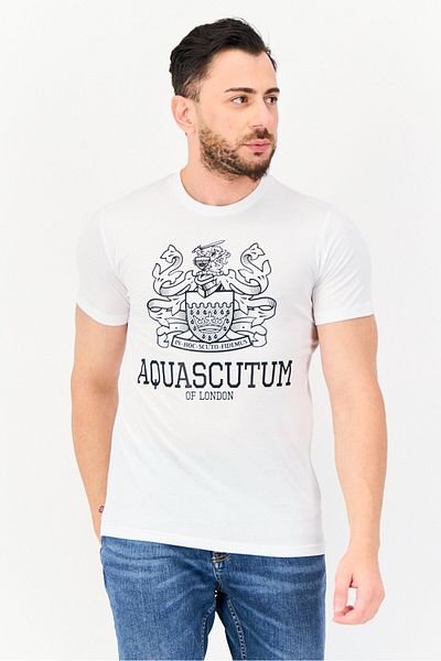Aquascutum Men Round Neck Short Sleeves Graphic Print T-Shirt, White