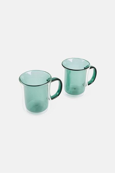 Catherine Malandrino 2 Pieces Borosilicate Glass Cup With Handle 220 ml, Teal Green