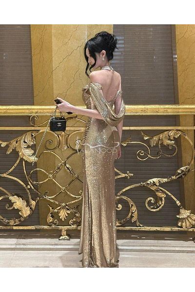 ALANOOD FASHION فستان ذهبي أنيق للسهرة