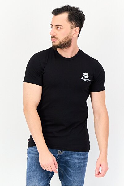 Aquascutum تي شيرت رجالي بشعار العلامة التجارية بأكمام قصيرة ورقبة دائرية، أسود