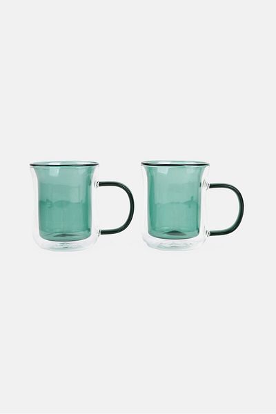 Catherine Malandrino 2 Pieces Borosilicate Glass Cup With Handle 220 ml, Teal Green