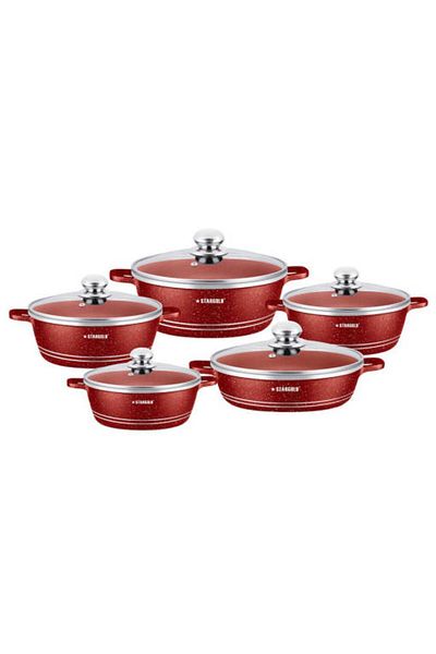 Generic Stargold 10-piece Nonstick Granite Cookware Set – Red Marble Finish Pots With Glass Lids
