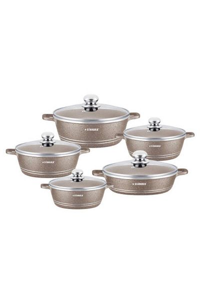 Generic Stargold 10-piece Nonstick Granite Cookware Set – Coffee Color Casserole Pot Set With Glass Lids