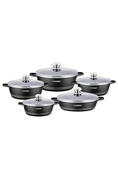 Generic Stargold 10-piece Nonstick Granite Cookware Set –black Casserole Pot Set With Glass Lids