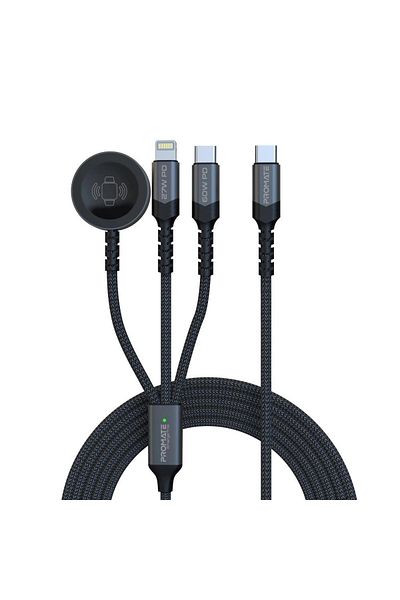 Promate iCharge-Trio 5-in-1 Multi-Connector Cable, 60W Power Delivery for USB-C Connector, 1.5m Cable Length