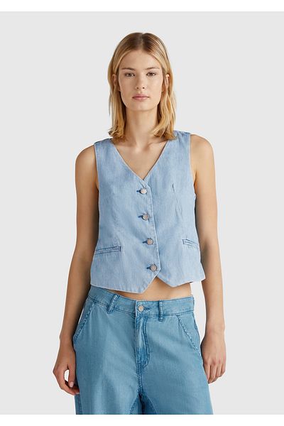 United Colors of Benetton Women's Light Blue 100% Cotton Samre Denim Vest