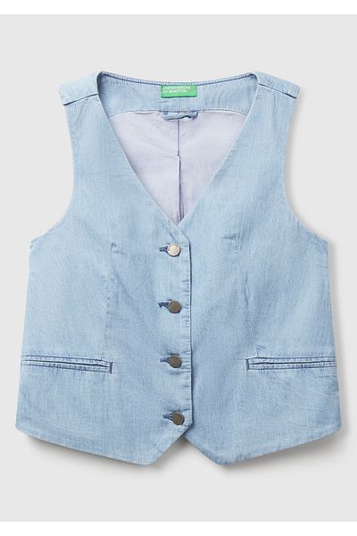 United Colors of Benetton Women's Light Blue 100% Cotton Samre Denim Vest